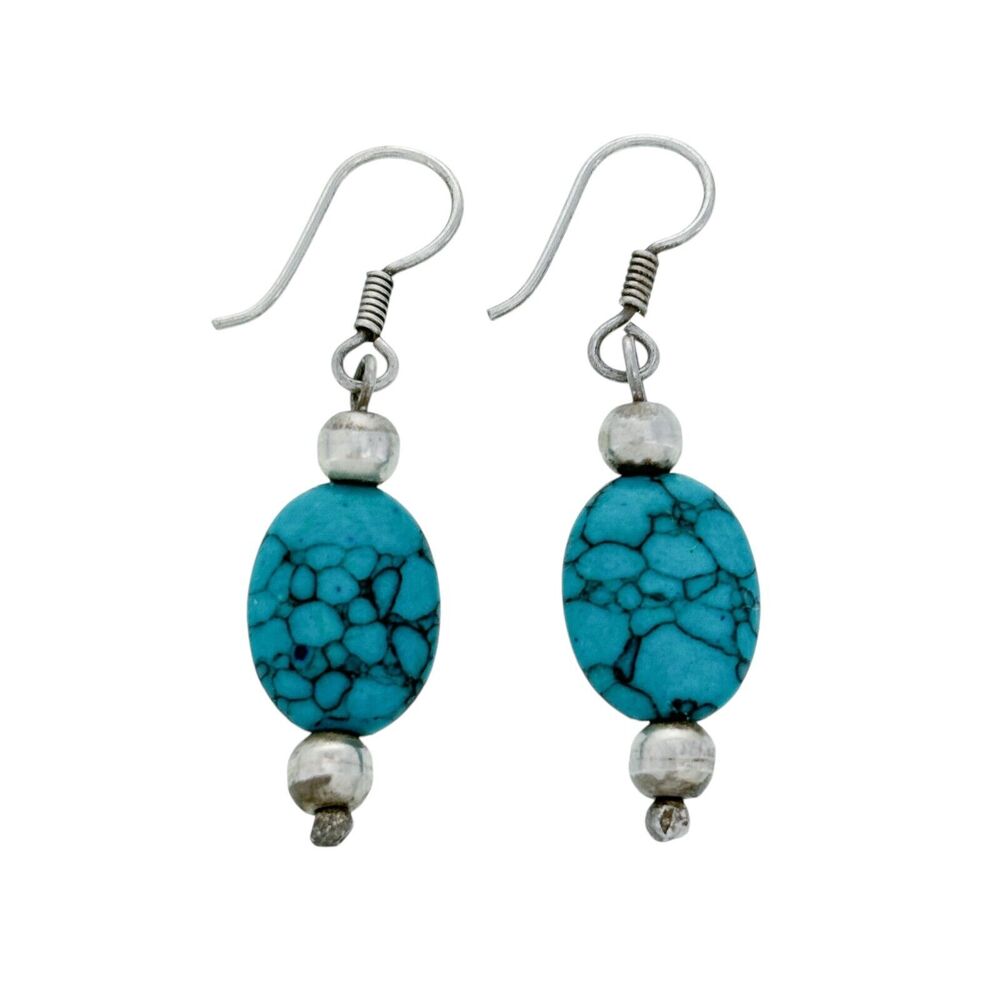 Estate Silver Tone Synthetic Turquoise Dangle Earrings